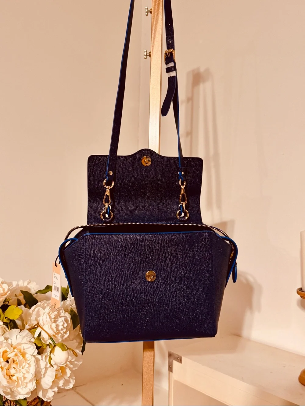 Navy Blue Leather Crossbody Satchel